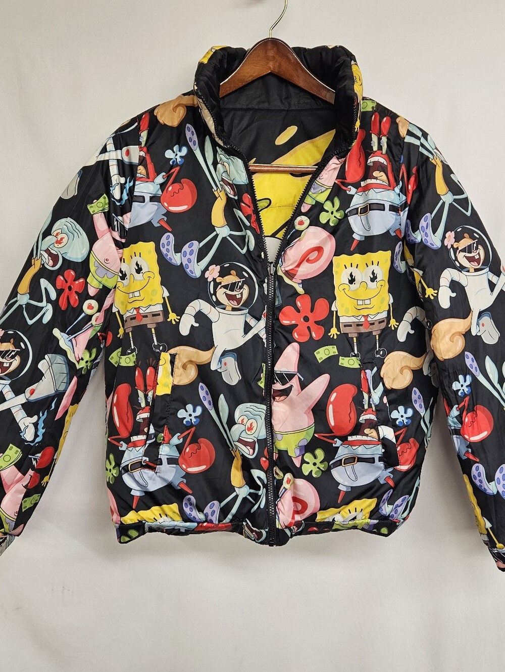 Sponge Bob Members Only Nicholoden Reversable All Over Puffer Jacket Large Black